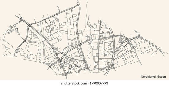 Mapa de calles sencillas y negras sobre el fondo beige vintage del barrio de Nordviertel Stadtteil de Essen, Alemania