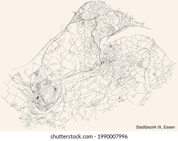 Mapa de calles sencillas y negras en el fondo beige vintage del barrio del distrito Stadtbezirk IX (Werden-Kettwig-Bredeney) de Essen, Alemania