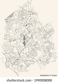 Mapa de calles sencillas y negras detalladas en el fondo beige vintage del barrio de Stadtbezirk VI (Zollverein) de Essen, Alemania