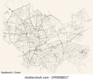 Mapa de calles sencillas y negras en el fondo beige vintage del barrio Stadtbezirk I (Stadtmitte-Frillendorf) del distrito de Essen, Alemania