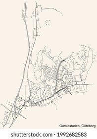 Black simple detailed street roads map on vintage beige background of the quarter Gamlestaden district of Gothenburg, Sweden