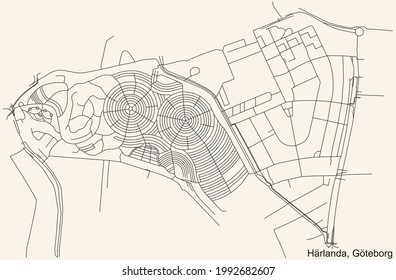 Black simple detailed street roads map on vintage beige background of the quarter Härlanda district of Gothenburg, Sweden