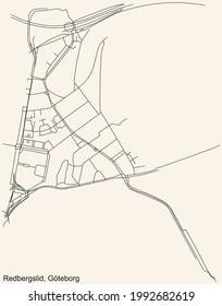 Black simple detailed street roads map on vintage beige background of the quarter Redbergslid district of Gothenburg, Sweden