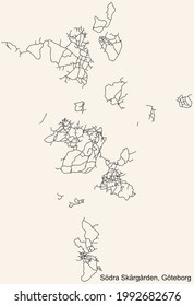Black simple detailed street roads map on vintage beige background of the quarter Södra Skärgården district of Gothenburg, Sweden