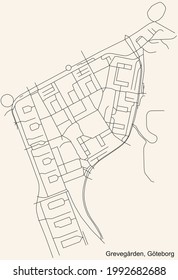 Black simple detailed street roads map on vintage beige background of the quarter Grevegården district of Gothenburg, Sweden