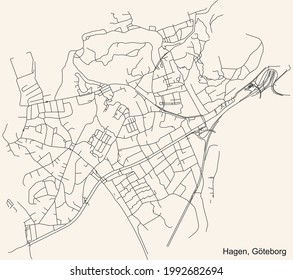 Black simple detailed street roads map on vintage beige background of the quarter Hagen district of Gothenburg, Sweden