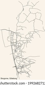 Black simple detailed street roads map on vintage beige background of the quarter Skogome district of Gothenburg, Sweden