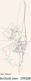 Black simple detailed street roads map on vintage beige background of the quarter Kärra district of Gothenburg, Sweden