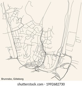 Black simple detailed street roads map on vintage beige background of the quarter Brunnsbo district of Gothenburg, Sweden