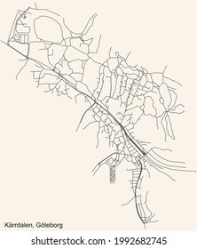 Black simple detailed street roads map on vintage beige background of the quarter Kärrdalen district of Gothenburg, Sweden