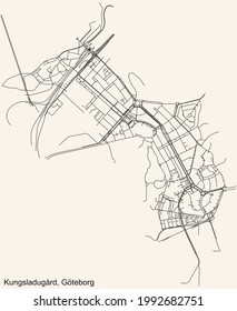 Black simple detailed street roads map on vintage beige background of the quarter Kungsladugård district of Gothenburg, Sweden