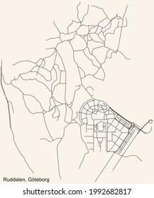 Black simple detailed street roads map on vintage beige background of the quarter Ruddalen district of Gothenburg, Sweden