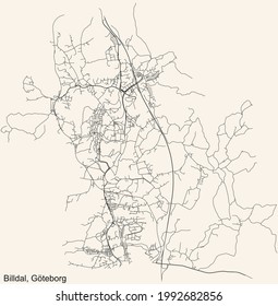 Black simple detailed street roads map on vintage beige background of the quarter Billdal district of Gothenburg, Sweden