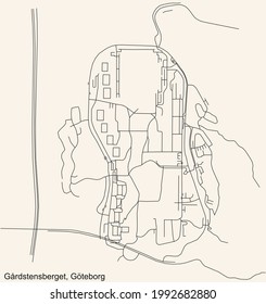 Black simple detailed street roads map on vintage beige background of the quarter Gårdstensberget district of Gothenburg, Sweden