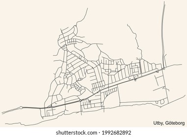 Black simple detailed street roads map on vintage beige background of the quarter Utby district of Gothenburg, Sweden