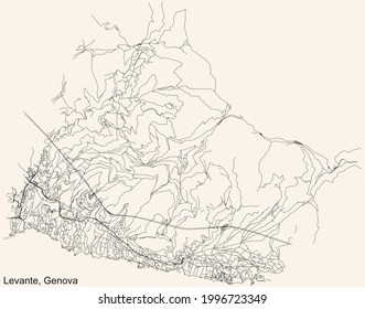 Black simple detailed street roads map on vintage beige background of the quarter Levante district of Genoa, Italy