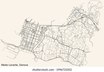 Black simple detailed street roads map on vintage beige background of the quarter Medio Levante district of Genoa, Italy