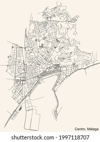 Black simple detailed street roads map on vintage beige background of the quarter Centro district of Malaga, Spain