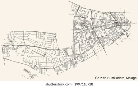 Black simple detailed street roads map on vintage beige background of the quarter Cruz de Humilladero district of Malaga, Spain