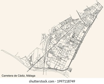 Black simple detailed street roads map on vintage beige background of the quarter Carretera de Cádiz district of Malaga, Spain