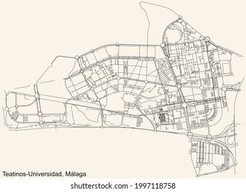 Black simple detailed street roads map on vintage beige background of the quarter Teatinos-Universidad district of Malaga, Spain