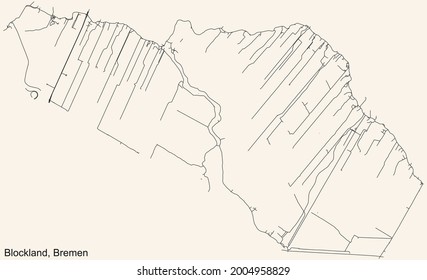 Black simple detailed street roads map on vintage beige background of the quarter Blockland subdistrict of Bremen, Germany