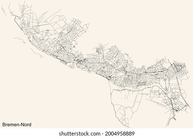 Black simple detailed street roads map on vintage beige background of the quarter Nord (North) district of Bremen, Germany