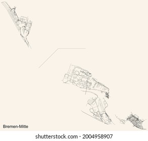 Black simple detailed street roads map on vintage beige background of the quarter Mitte (Central) district of Bremen, Germany
