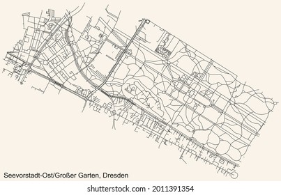 Schwarze, detaillierte Straßenkarte auf beigem Hintergrund des Viertels Seevorstadt-OstGroßer Garten mit Strehlen-Nordwest-Viertel Dresden, Deutschland