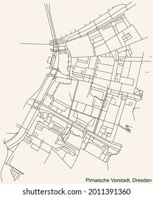 Black simple detailed street roads map on vintage beige background of the neighbourhood Pirnaische Vorstadt quarter of Dresden, Germany
