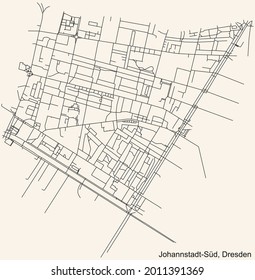 Black simple detailed street roads map on vintage beige background of the neighbourhood Johannstadt-Süd quarter of Dresden, Germany