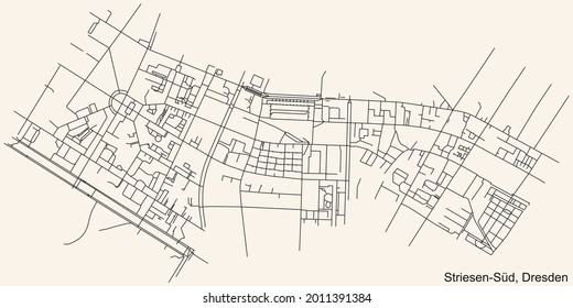 Schwarze, detaillierte Straßenkarte auf beigem Hintergrund des Viertels Striesen-Süd mit Johannstadt-Südost-Viertel Dresden, Deutschland