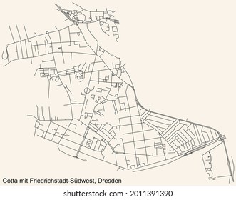 Schwarze, einfache, detaillierte Straßenkarte auf beigem Hintergrund des Viertels Cotta mit Friedrichstadt-Südwest Dresden, Deutschland