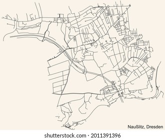 Schwarze, einfache, detaillierte Straßenkarte auf beigem Vintage-Hintergrund des Stadtteils Nlitz mit Wölfnitz, Roßthal, Dölzschen und Niedergorbitz in Dresden, Deutschland