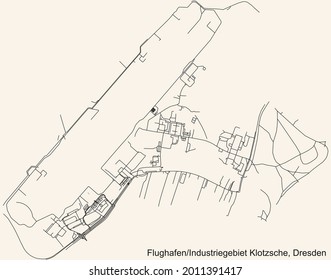 Schwarze, einfache Straßenkarte auf beigem Hintergrund des Stadtteils FlughafenIndustriegebiet Klotzsche Viertel Dresden, Deutschland