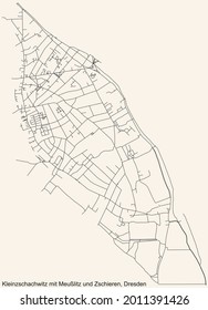 Mapa de calles sencillas y negras detalladas sobre el fondo beige vintage del barrio Kleinzschachwitz mit Meußlitz y Zschieren del barrio de Dresden, Alemania