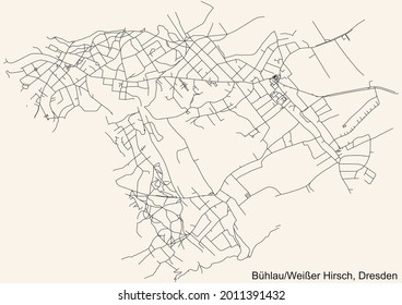 Mapa de calles sencillas y negras detalladas sobre el fondo beige vintage del barrio BühlauWeißer Hirsch mit Rochwitz y Loschwitz-Nordost del barrio de Dresden, Alemania