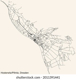 Schwarze, einfache, detaillierte Straßenkarte auf beigem Hintergrund des Viertels HosterwitzPillnitz mit Niederpoyritz, Oberpoyritz und Söbrigen in Dresden, Deutschland