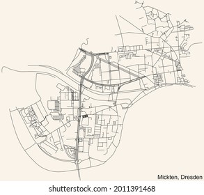 Schwarze, detaillierte Straßenkarte auf beigem Hintergrund des Viertels Mickten mit Trachau-Süd, Übigau und Kaditz-Süd in Dresden, Deutschland