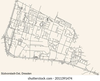 Black simple detailed street roads map on vintage beige background of the neighbourhood Südvorstadt-Ost quarter of Dresden, Germany