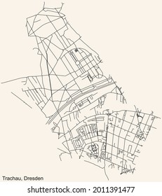 Black simple detailed street roads map on vintage beige background of the neighbourhood Trachau quarter of Dresden, Germany