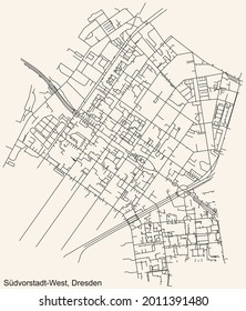 Black simple detailed street roads map on vintage beige background of the neighbourhood Südvorstadt-West quarter of Dresden, Germany