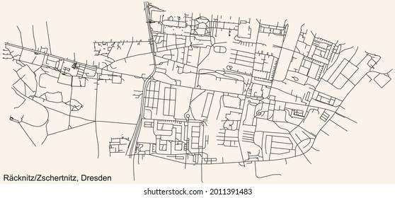 Schwarze, einfache, detaillierte Straßenkarte auf beigem Hintergrund des Viertels RäcknitzZschertnitz mit Strehlen-Südwest Dresden