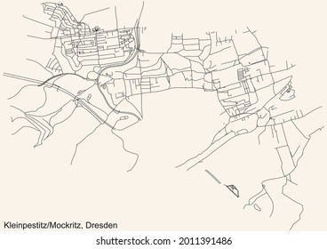 Schwarze, einfache, detaillierte Straßenkarte auf beigem Hintergrund des Viertels KleinpestitzMockritz mit Kaitz und Gostritz in Dresden, Deutschland