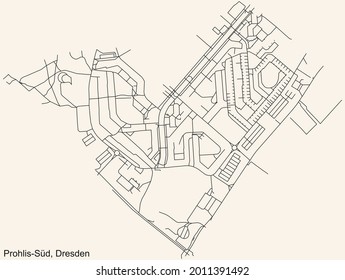 Black simple detailed street roads map on vintage beige background of the neighbourhood Prohlis-Süd quarter of Dresden, Germany