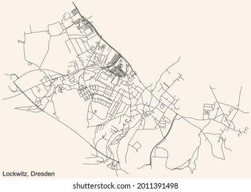 Schwarze, einfache, detaillierte Straßenkarte auf beigem Hintergrund des Viertels Lockwitz mit Kauscha, Nickern und Luga in Dresden, Deutschland