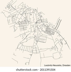 Mapa de calles sencillas y negras en el fondo beige vintage del barrio Leubnitz-Neuostra mit Torna und Mockritz-Ost de Dresden, Alemania