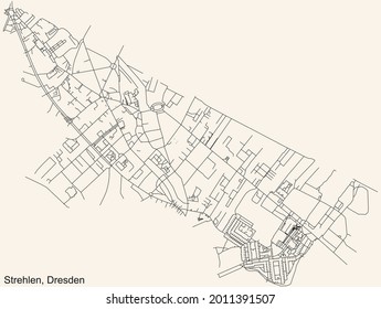 Schwarze, detaillierte Straßenkarte auf beigem Hintergrund des Viertels Strehlen mit Reick-Nordwest in Dresden, Deutschland