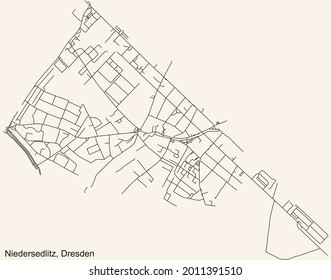 Black simple detailed street roads map on vintage beige background of the neighbourhood Niedersedlitz quarter of Dresden, Germany