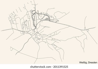 Black simple detailed street roads map on vintage beige background of the neighbourhood Weißig quarter of Dresden, Germany
